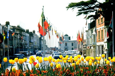 The flags out for Shakespeare's Birthday in Bridge Street: April 1972.